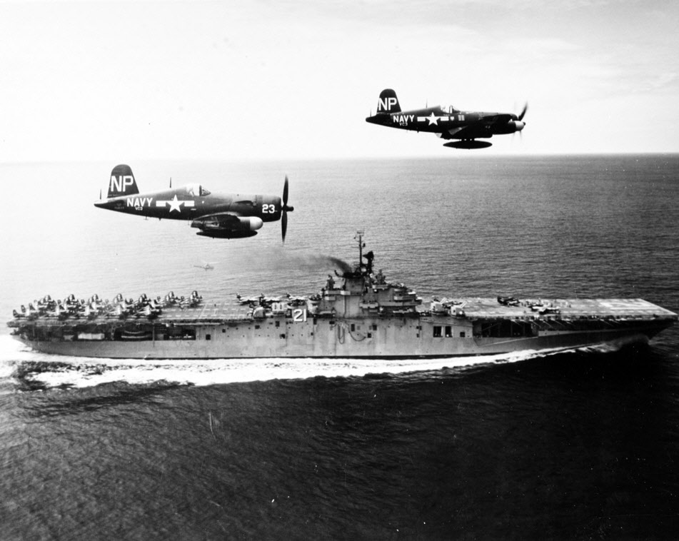 F4U-5Ns fly past USS Boxer (CV-21), Korea 