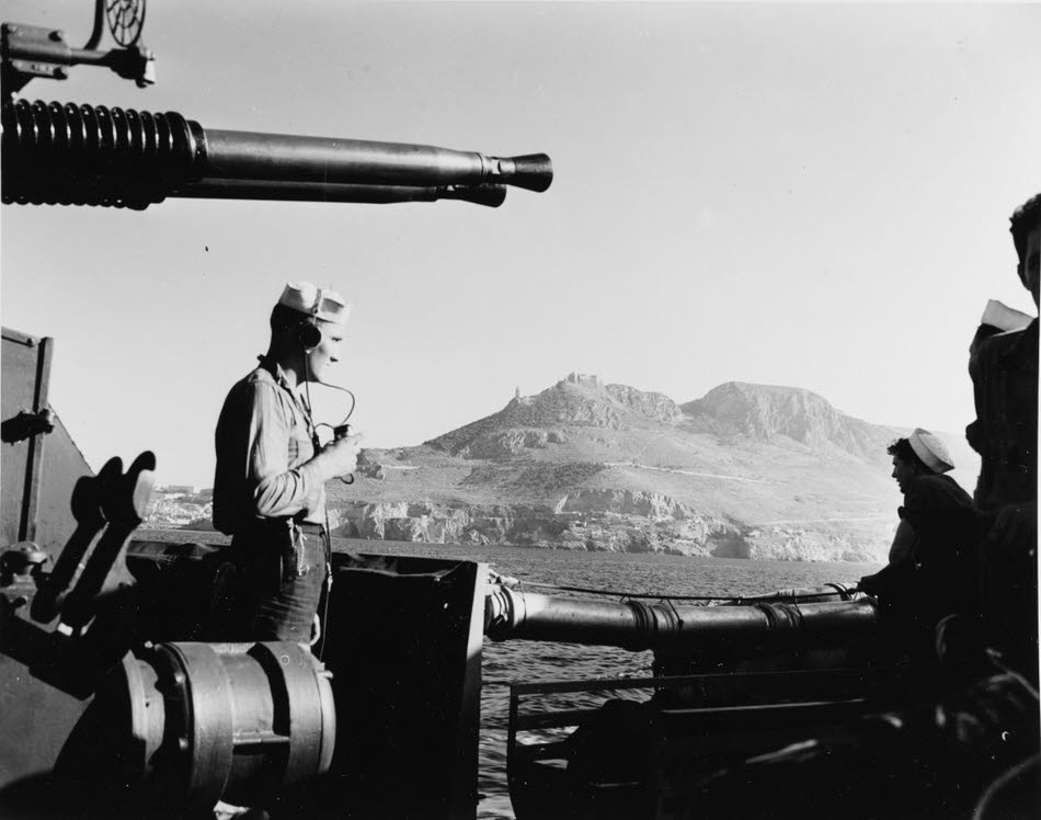 Sicily seen under 40mm guns of USS Buck (DD-420) 