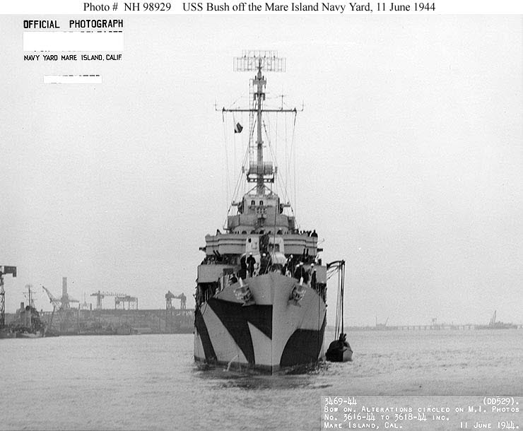 USS Bush (DD-529) recovering whaleboat, Mare Island, 1944 