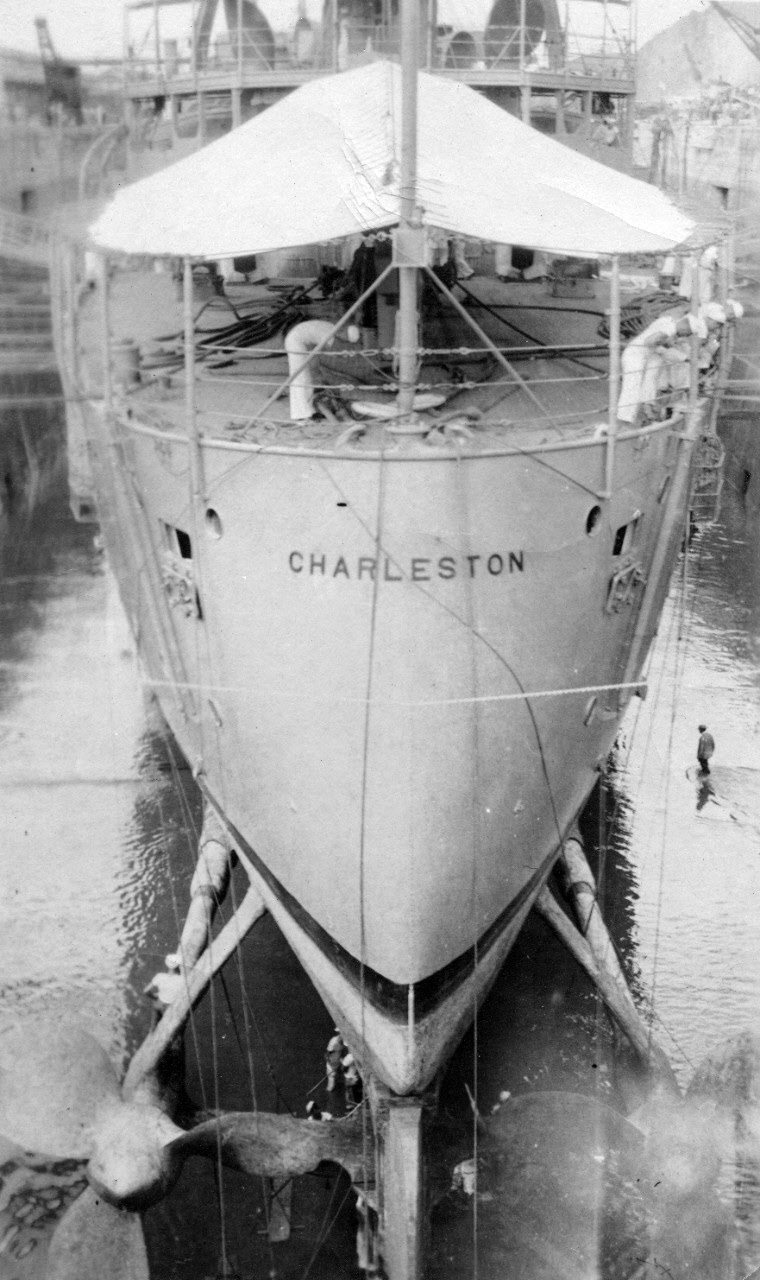 USS Charleston (C-22) in dry dock, First World War 