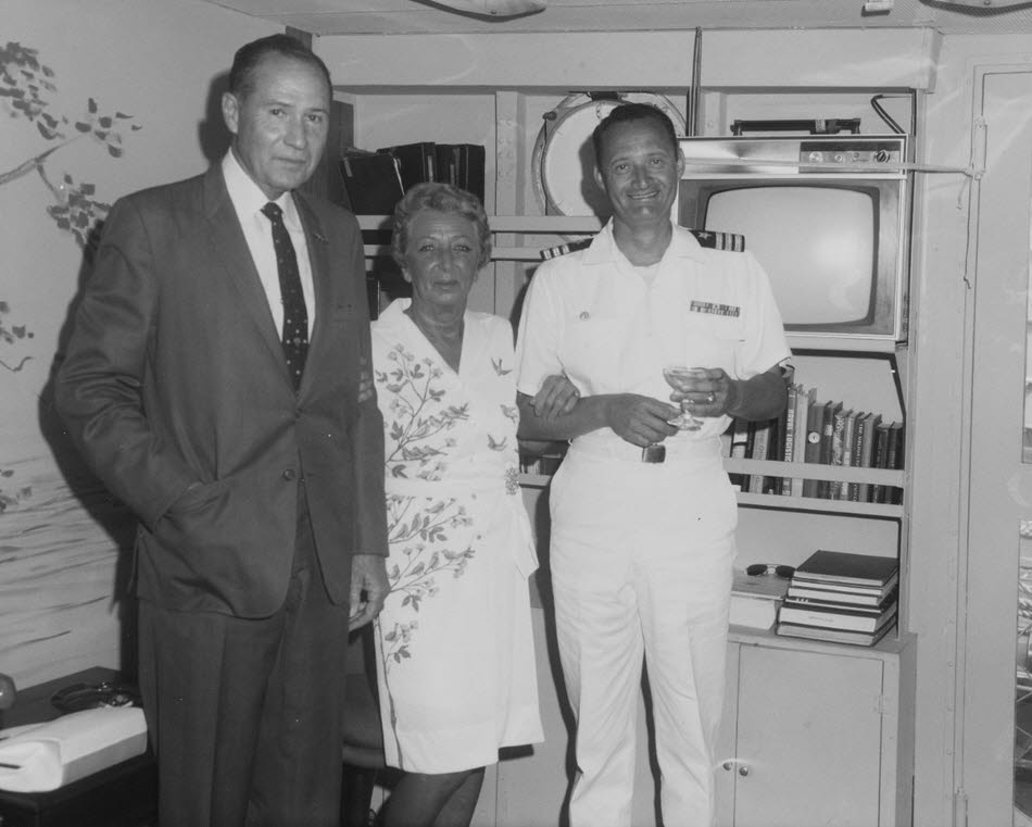 Rear Admiral W. Parker and Commander Alvin Brand on USS Cowell (DD-547) 