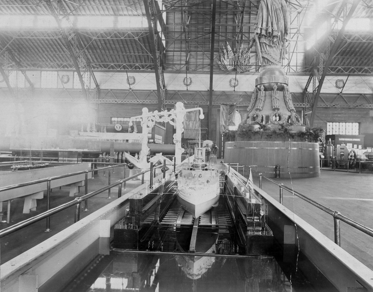 Model of USS Illinois (BB-7) in model of Cavite Dry Dock 