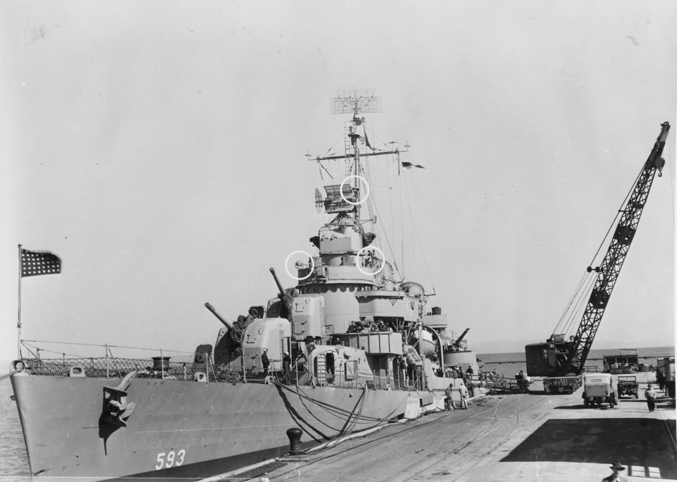 Front view of USS Killen (DD-593), Hunters Point, 1945 