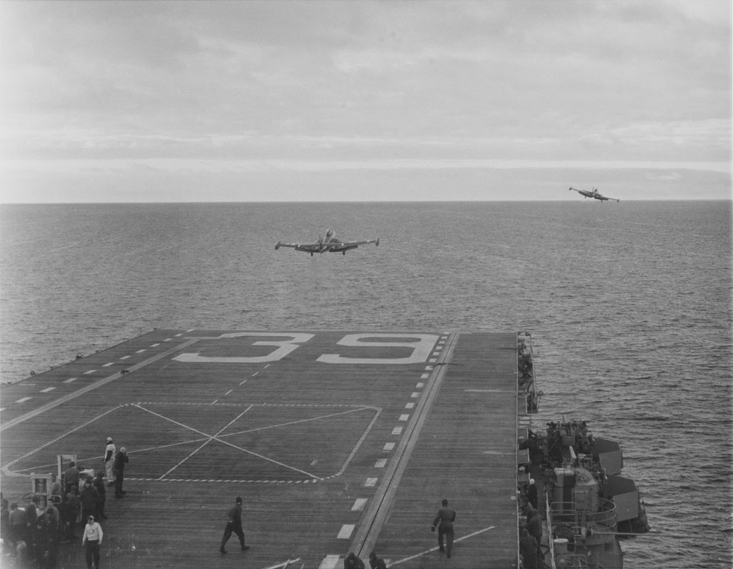 USS Lake Champlain (CV-39) catapults two F2H Banshees 