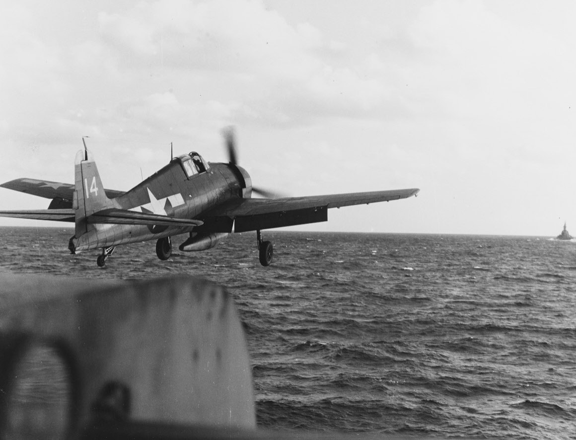 USS Langley (CVL-27) launches F6F Hellcat, China, 1944 