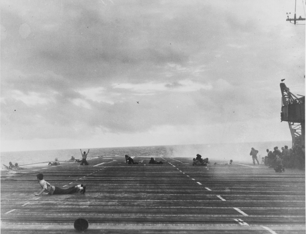 USS Langley (CVL-27) shoots down Japanese aircraft, Formosa, 1944 