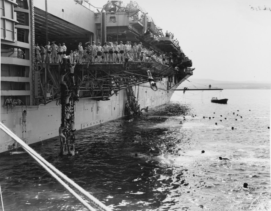 Crew swimming off USS Leyte (CV-32), 1950 