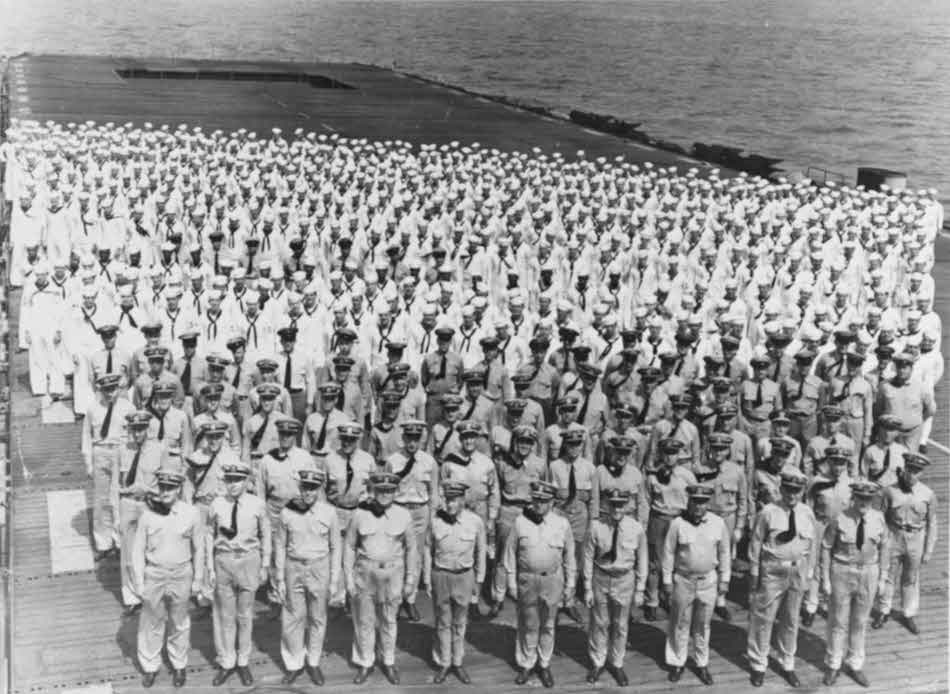 Officers and Crew of USS Manila (CVE-61) on Flight Deck 
