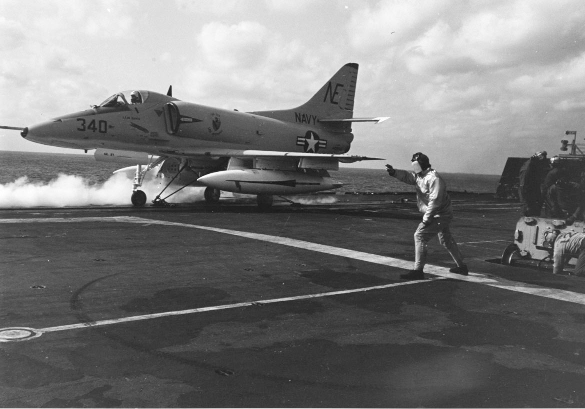 Catapulting A-4C Skyhawk off USS Midway (CV-41), 1964 