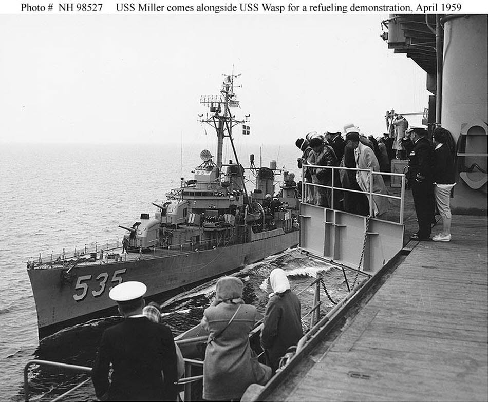 USS Miller (DD-535) coming alongside USS Wasp (CVS-18), 1959 