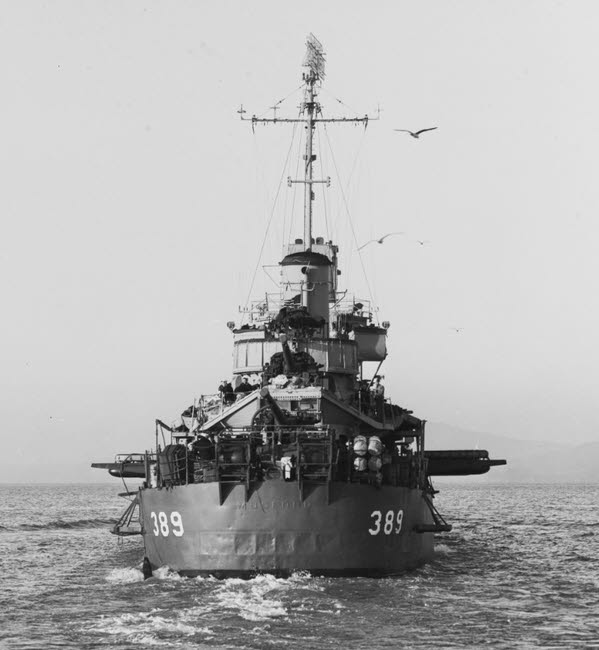 USS Mugford (DD-389) with torpedo tubes out 