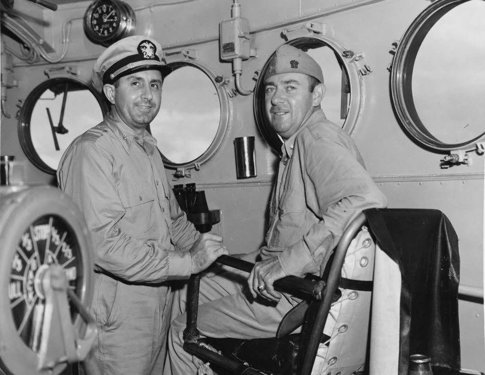 Commanding Officer of USS Nicholas (DD-449) in Pilot House 