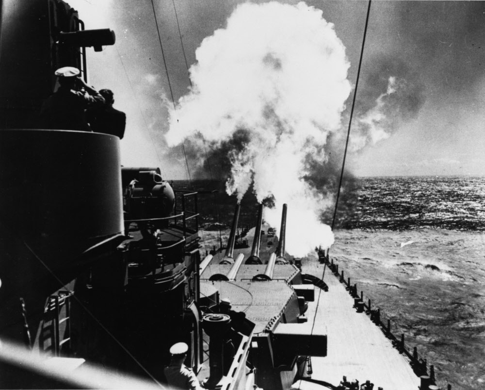 USS North Carolina (BB-55) firing forward 