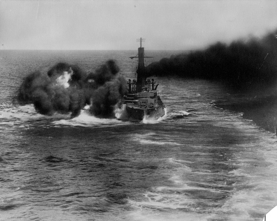 USS North Dakota (BB-29) firing broadside 