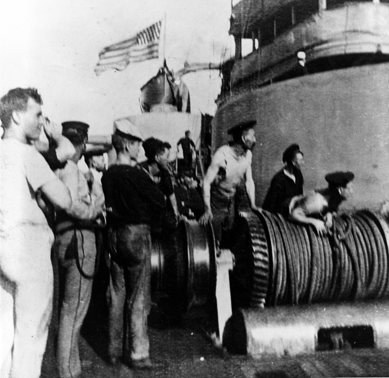 Crew of USS Oregon (BB-3) watching battle against 