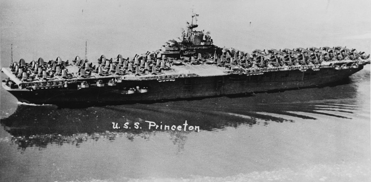 USS Princeton (CV-37) with deck load of aircraft 