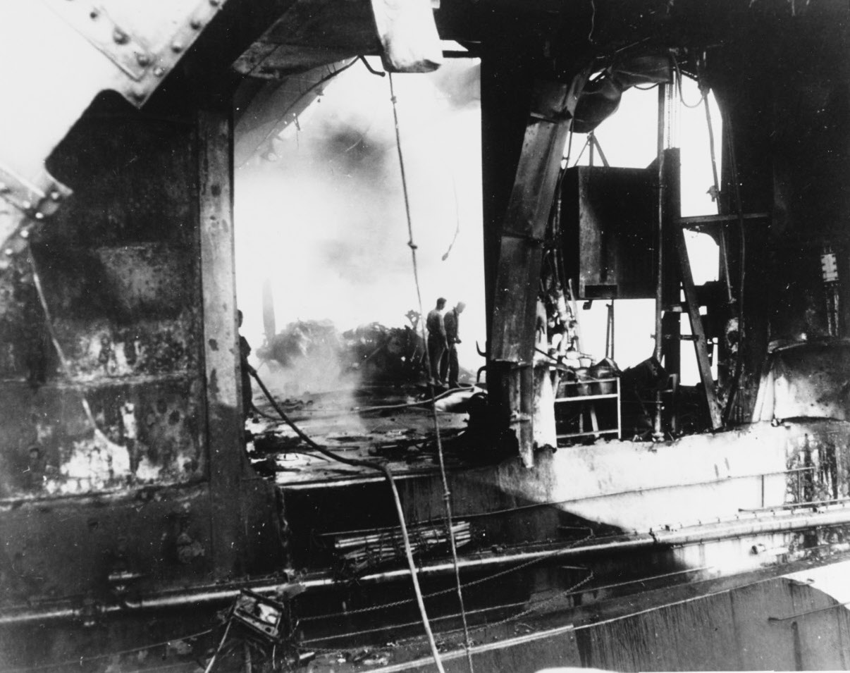 Damage control parties in hanger, USS Princeton (CVL-23)