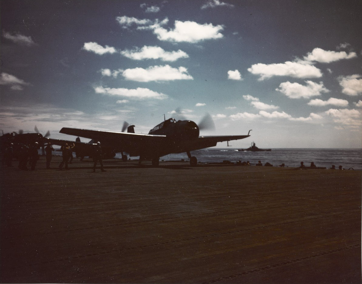 TBM and F6F warming up, USS Randolph (CV-15), 1945 