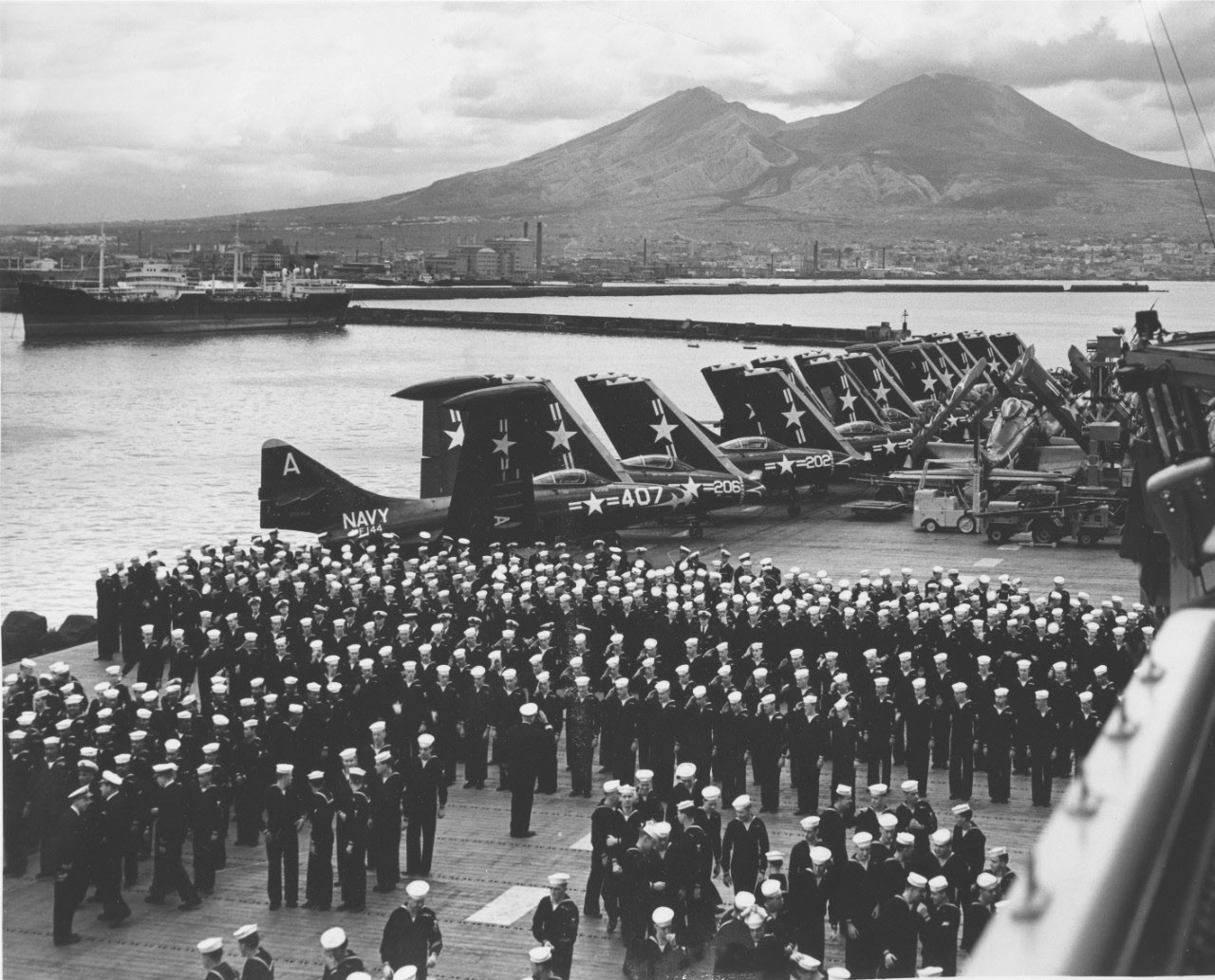 Ceremony on deck of USS Ranolph (CV-15), 1950s 