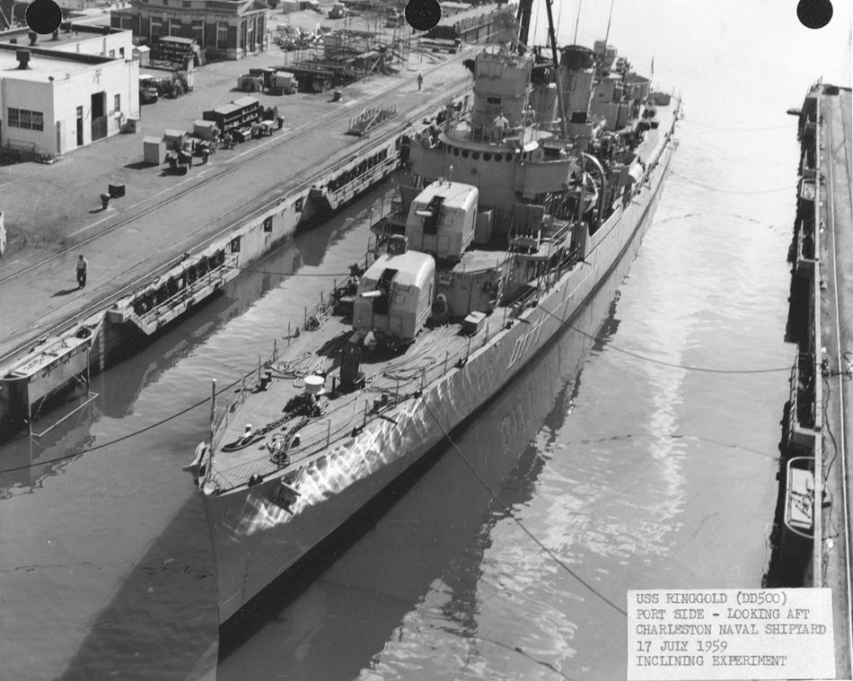 USS Ringgold (DD-500) undergoing inclining experiments, 1959 