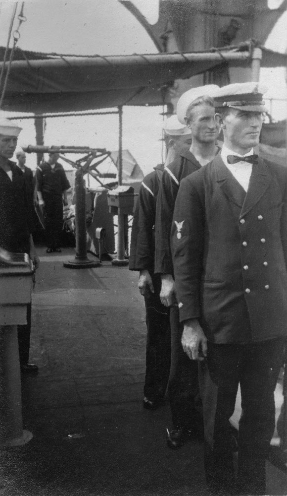 Sailors on aft bridge, USS Saratoga (ACR-2) 