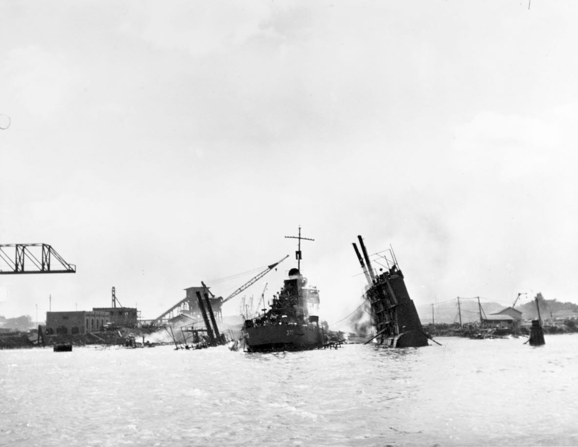 USS Shaw (DD-373) on fire in floating dry dock YFD-2 