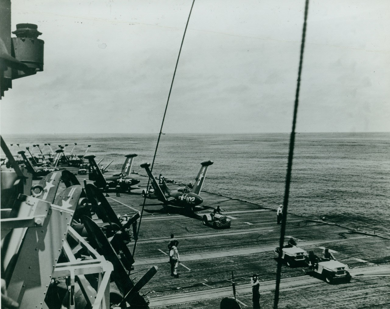 Tractor tows F9F Panthers, USS Valley Forge (CV-45) 