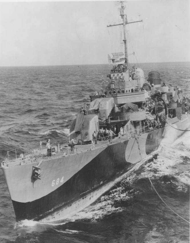 USS Wedderburn (DD-684) refueling from USS Intrepid (CV-11), 1944 