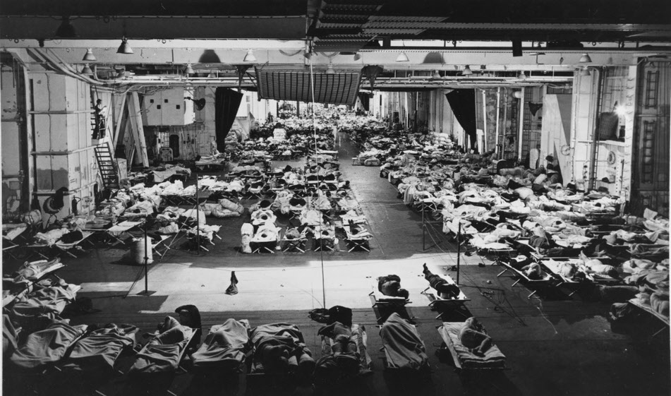 Enlisted men sleeping in hanger, USS Yorktown (CV-10), 1943 
