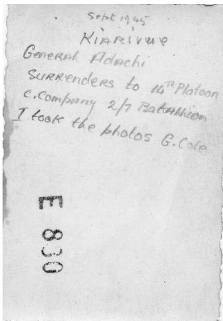 Back of picture of surrender of Adachi 