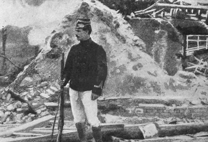 Belgian Sentry guarding a ruined house, 1914 