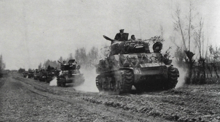 Column of British Shermans at Conselice, April 1945 