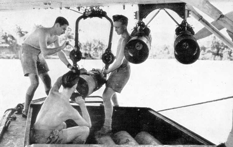 Consolidated Catalina being armed with Depth Charges