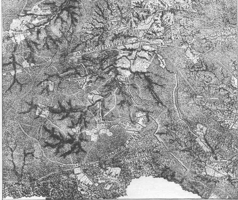 Map showing the southern half of the Wilderness. 