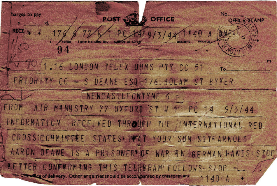Telegram - Sgt A A Deane is Prisoner of War 