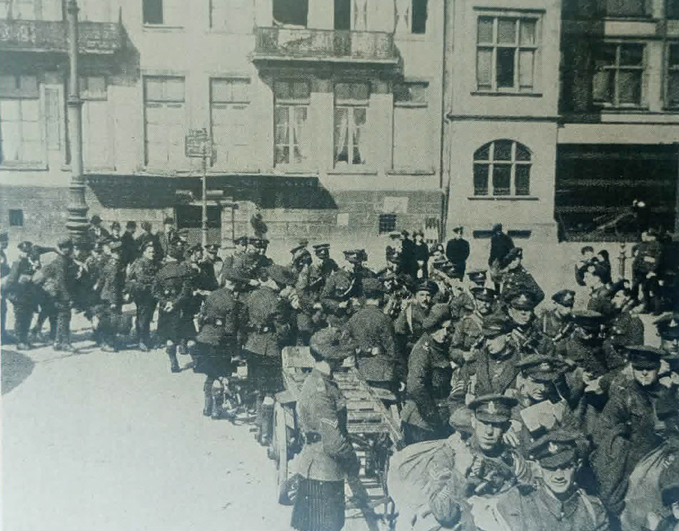 Demobilising British soldiers about to board steamer at Cologne 