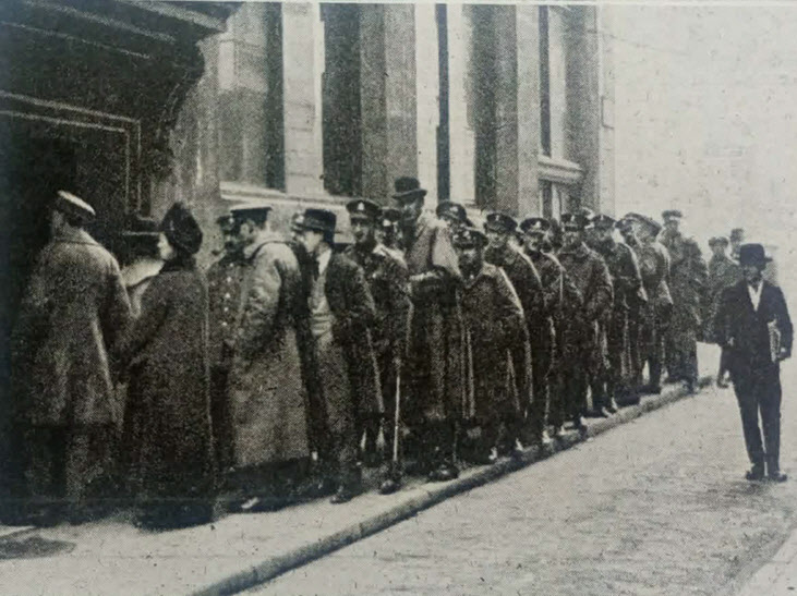 Priority Soldiers queuing for demob at Labour Exchange 