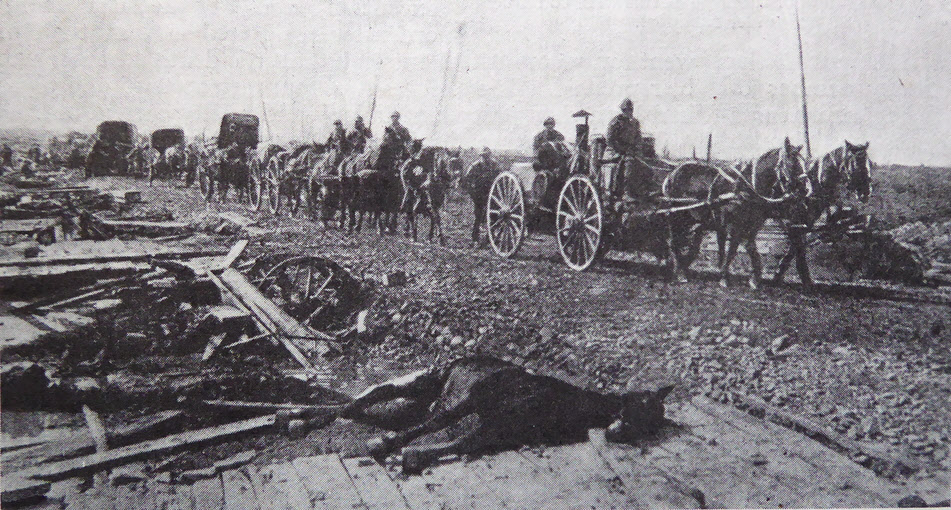 Field Kitchens and Ammo Trucks on road to Roulers, October 1918 