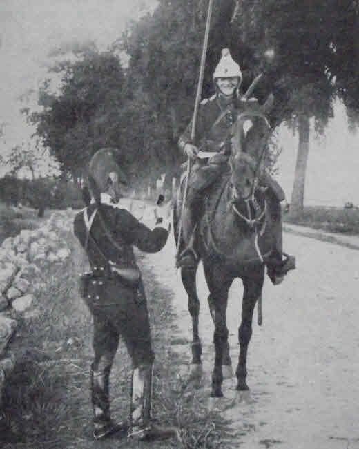 French Dragoon greets Belgian guard, 1914 