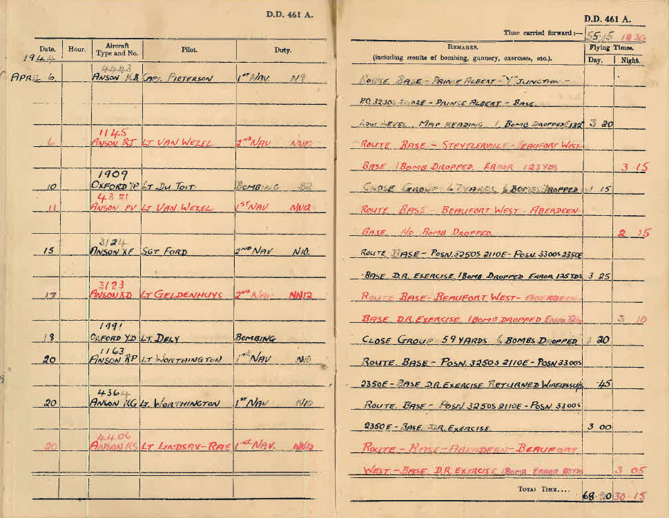 Log book for Lt D.W. Gay - 6-20 April 1944 