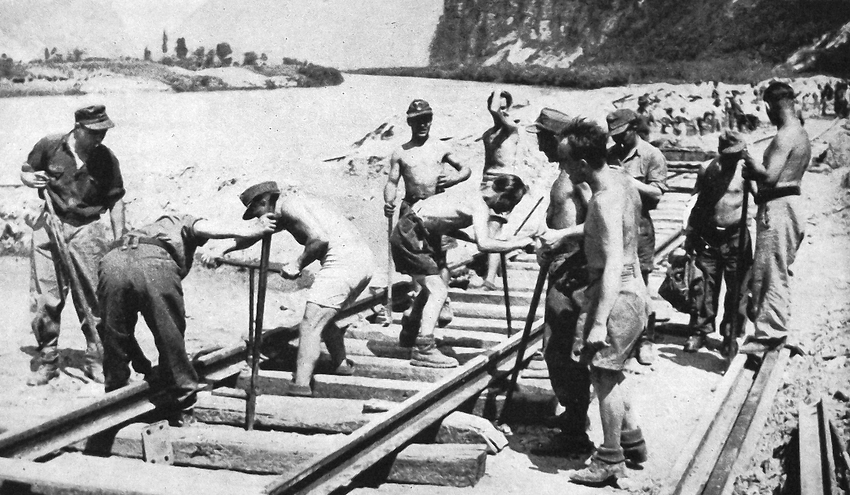 German POWs repairing railway line, Northern Italy 1945 