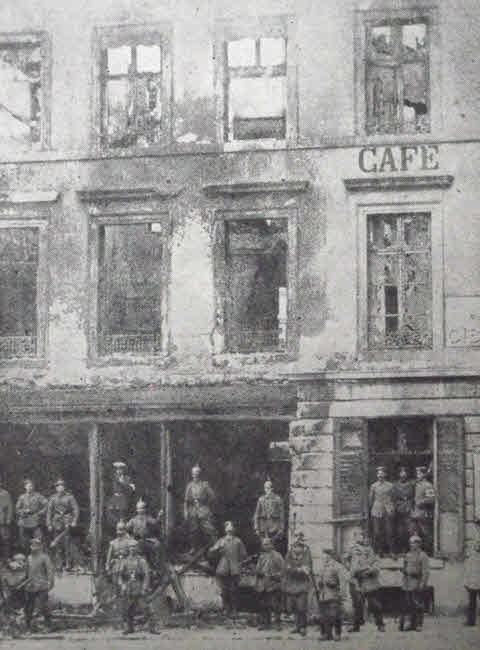 German troops in ruined Cafe, Liege, 1914 