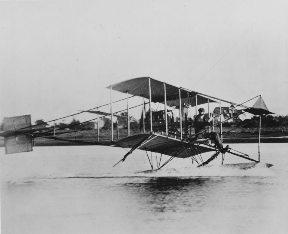 Glenn Curtiss on first seaplane flight, 1911 