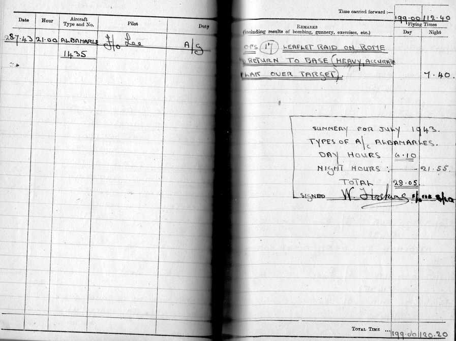 No.296 Squadron Log Book, 28 July 1943