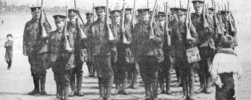 Recruits drill on a beach in South Wales, 1914 