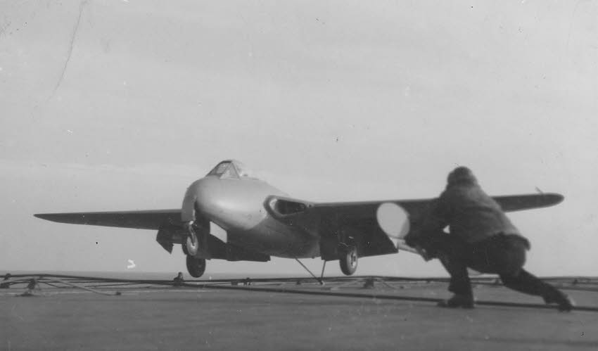 Sea Vampire lands on HMS Ocean, 4 December 1945 