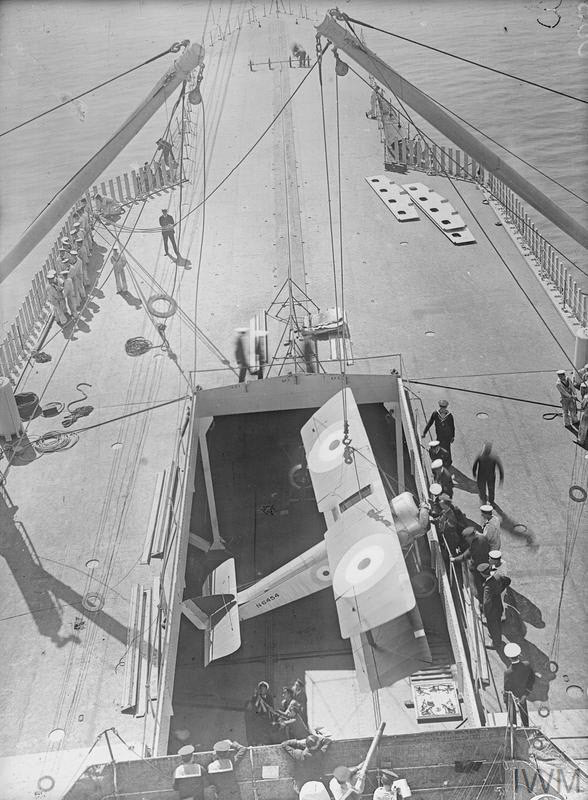 Sopwith Pup hoisted from hanger, HMS Furious