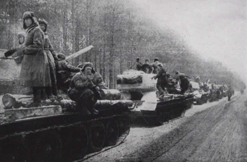 Column of T-34-84 tanks in Brandenburg, 1945 