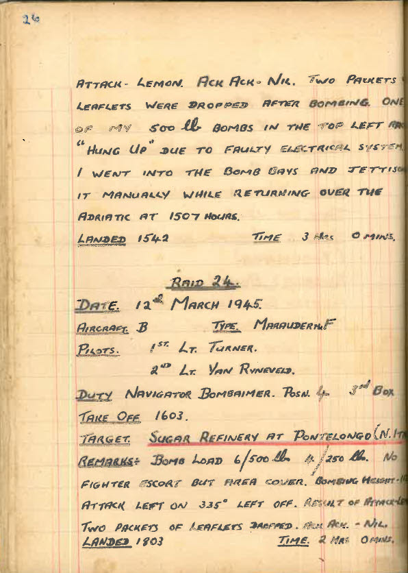 Lt D.W. Gay's War Effort - Raids 23 and 24