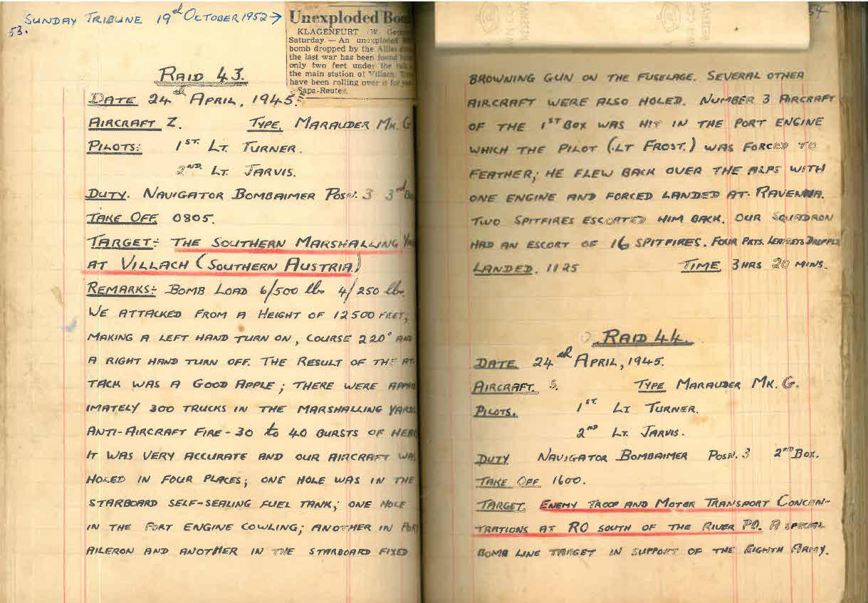 Lt D.W. Gay's War Effort - Raids 43 and 44 